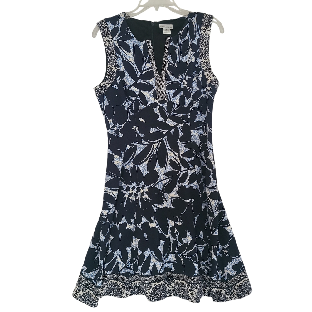 Liz Claiborne Navy Blue Floral V-Neck Fit & Flare Dress Size 8